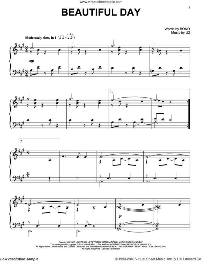 Beautiful Day, (intermediate) sheet music for piano solo by U2, Lee DeWyze, Miscellaneous and Bono, intermediate skill level