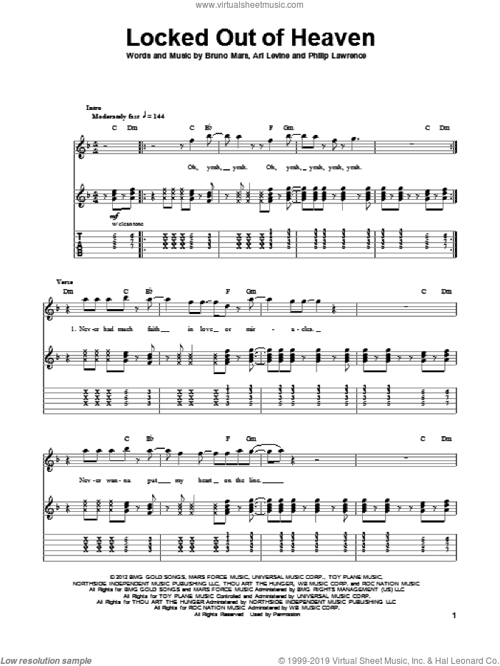 Locked Out Of Heaven sheet music for guitar (tablature, play-along) by Bruno Mars, Ari Levine and Philip Lawrence, intermediate skill level