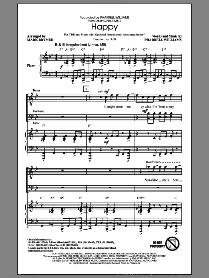 Happy sheet music for choir (TBB: tenor, bass) by Pharrell Williams, Mark Brymer and Pharrell, intermediate skill level