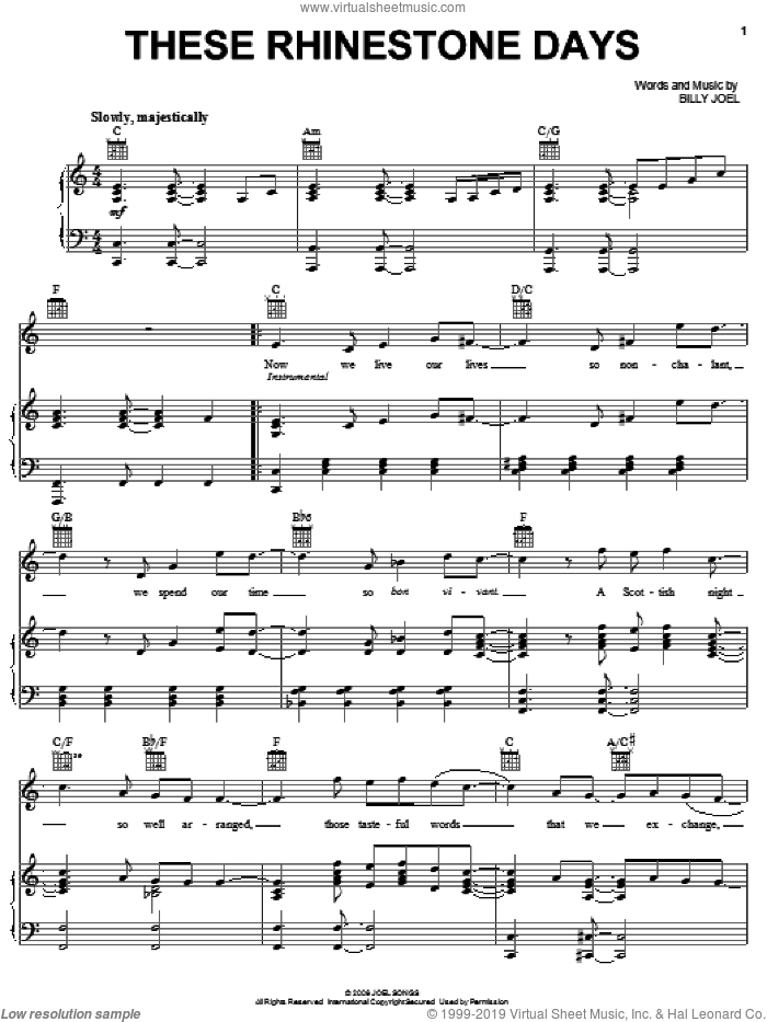 These Rhinestone Days sheet music for voice, piano or guitar by Billy Joel, intermediate skill level