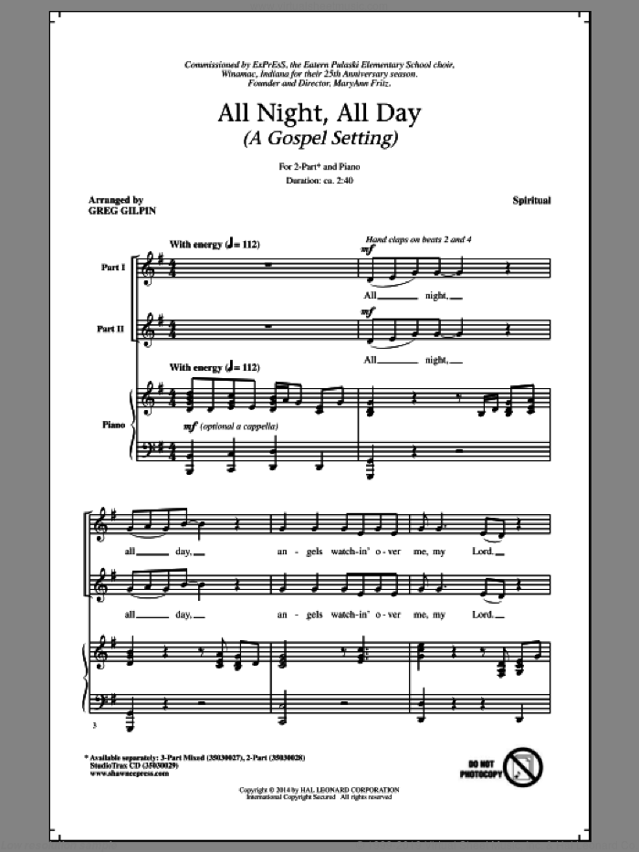 All Night, All Day sheet music for choir (2-Part) by Greg Gilpin, intermediate duet