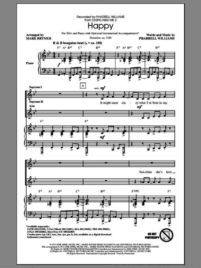 Happy sheet music for choir (SSA: soprano, alto) by Pharrell Williams, Mark Brymer and Pharrell, intermediate skill level
