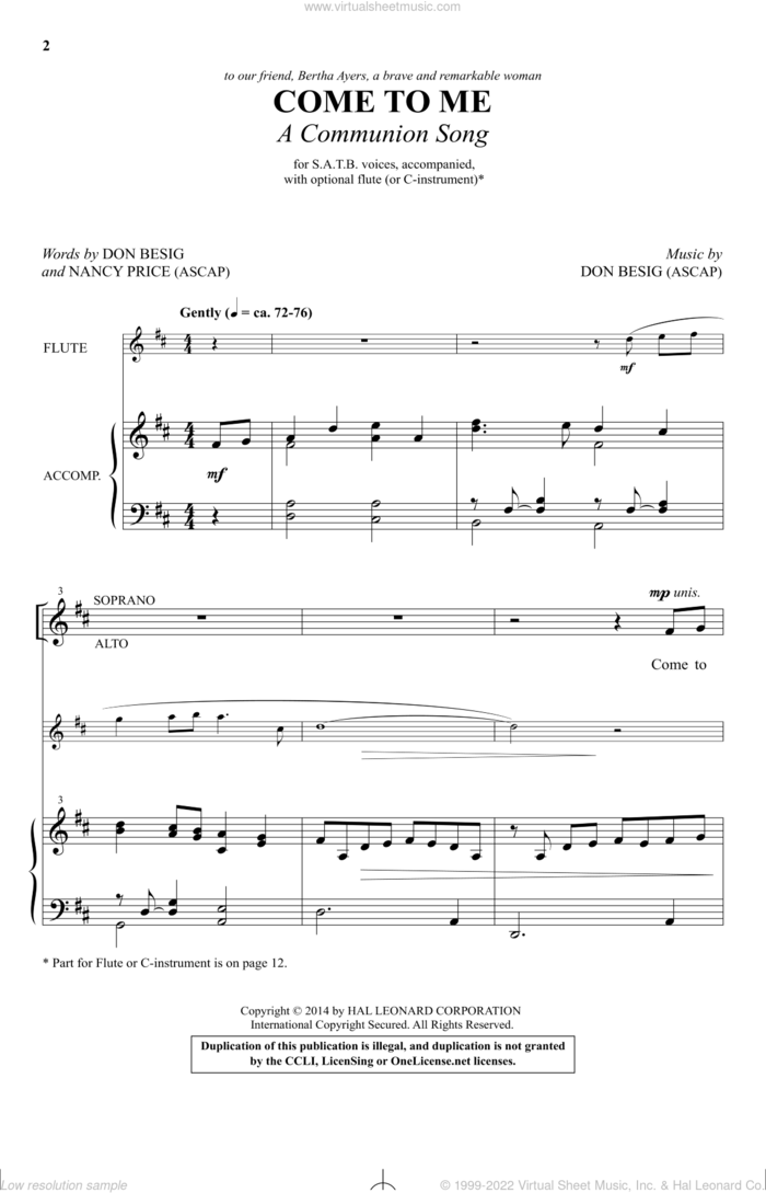 Come To Me (A Communion Song) sheet music for choir (SATB: soprano, alto, tenor, bass) by Don Besig and Nancy Price, intermediate skill level