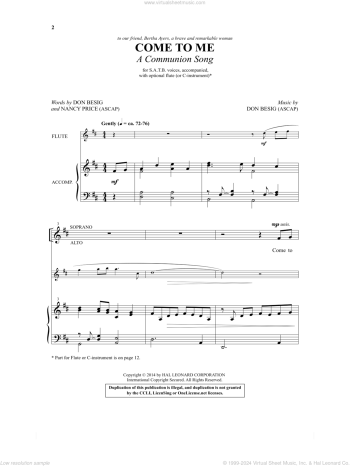 Come To Me (A Communion Song) sheet music for choir (SATB: soprano, alto, tenor, bass) by Don Besig and Nancy Price, intermediate skill level