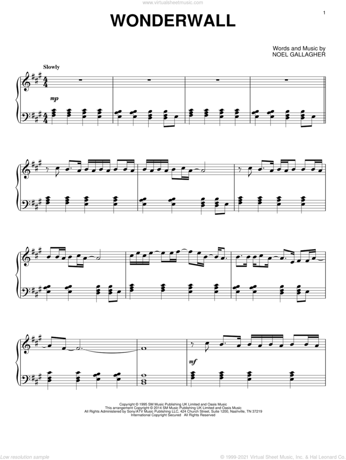 Wonderwall, (intermediate) sheet music for piano solo by Oasis and Noel Gallagher, intermediate skill level