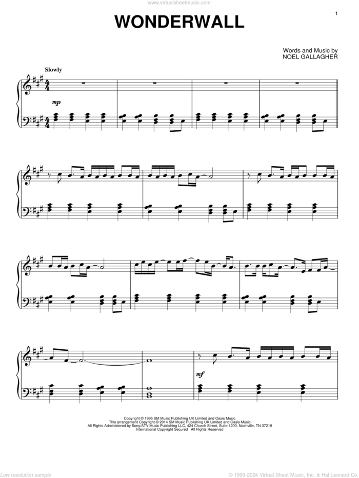 Wonderwall, (intermediate) sheet music for piano solo by Oasis and Noel Gallagher, intermediate skill level