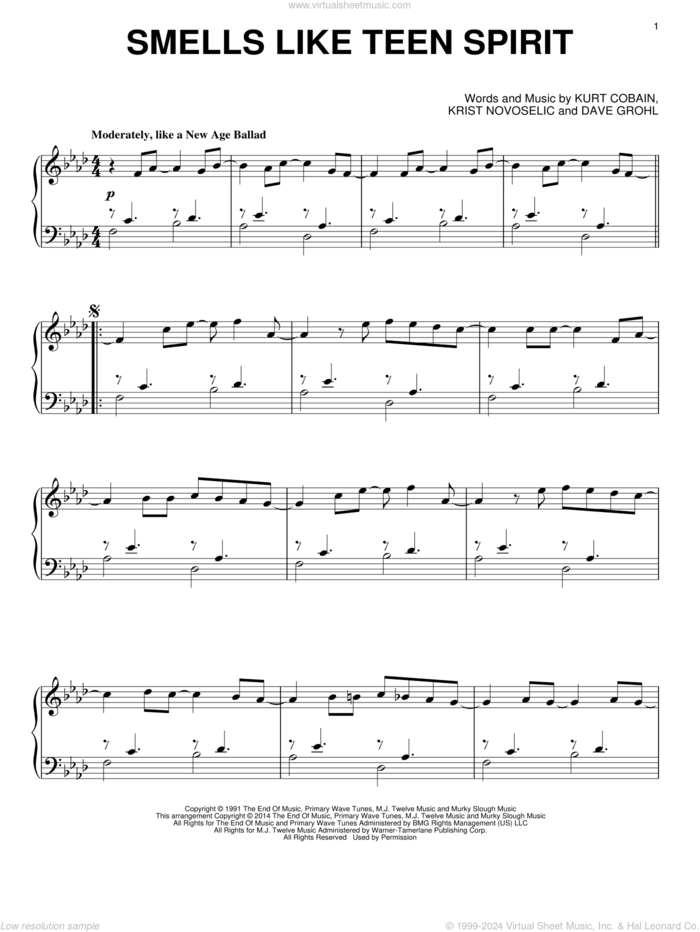 Smells Like Teen Spirit, (intermediate) sheet music for piano solo by Nirvana, Dave Grohl, Krist Novoselic and Kurt Cobain, intermediate skill level