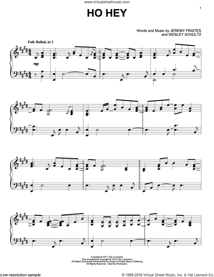 Ho Hey, (intermediate) sheet music for piano solo by The Lumineers, Lennon & Maisy, Jeremy Fraites and Wesley Schultz, intermediate skill level