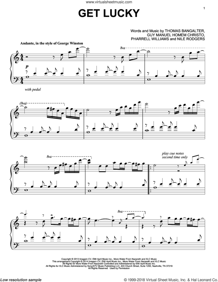 Get Lucky, (intermediate) sheet music for piano solo by Daft Punk Featuring Pharrell Williams, Guy Manuel Homem Christo, Nile Rodgers, Pharrell Williams and Thomas Bangalter, intermediate skill level