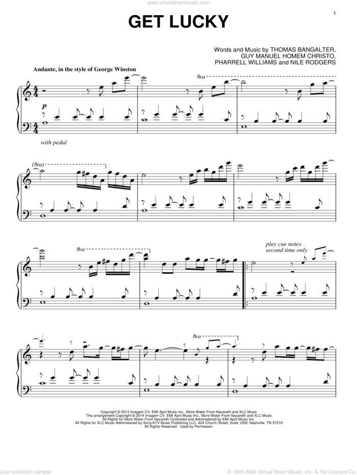 Get Lucky, (intermediate) sheet music for piano solo by Daft Punk Featuring Pharrell Williams, Guy Manuel Homem Christo, Nile Rodgers, Pharrell Williams and Thomas Bangalter, intermediate skill level