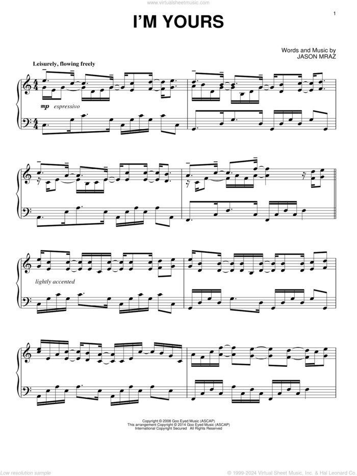 I'm Yours sheet music for piano solo by Jason Mraz, wedding score, intermediate skill level