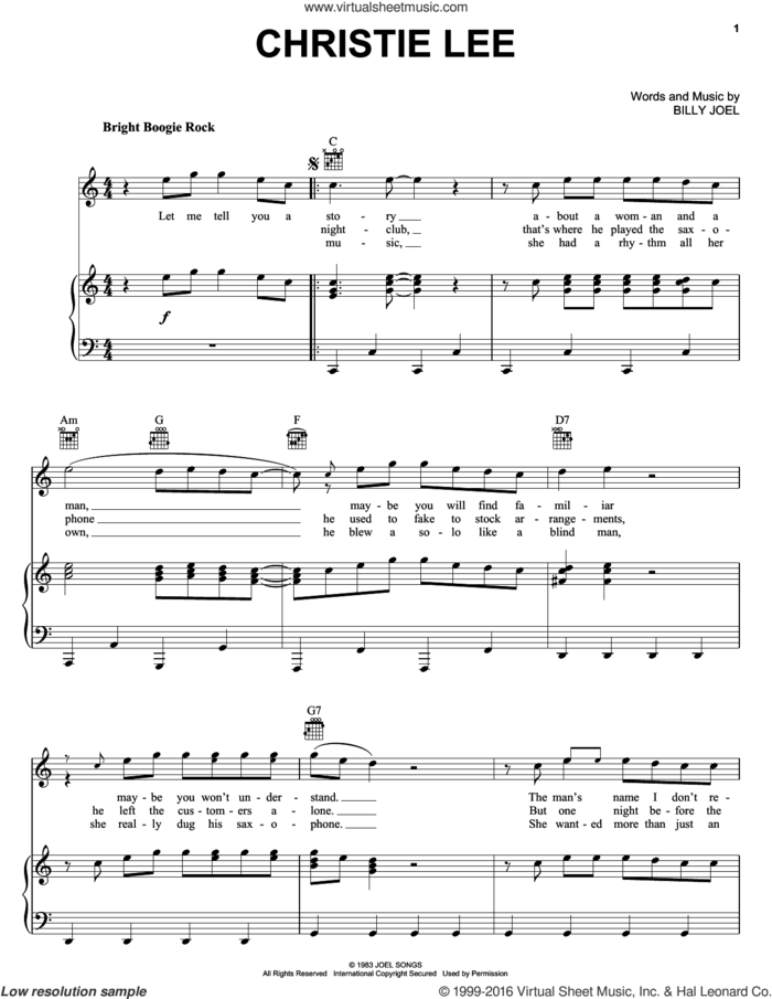 Christie Lee sheet music for voice, piano or guitar by Billy Joel, intermediate skill level