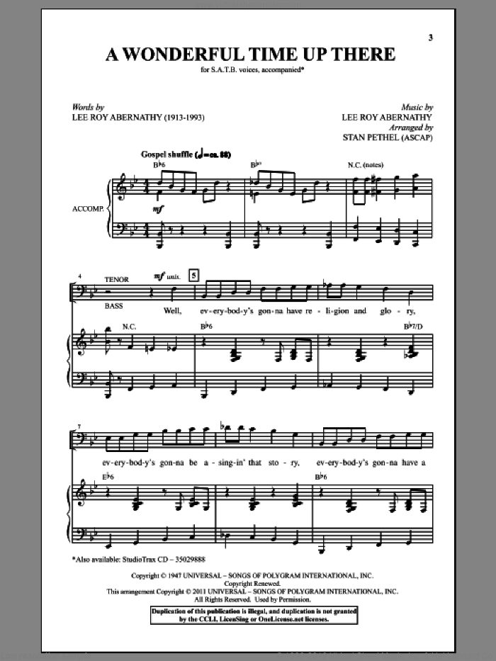 A Wonderful Time Up There (Everybody's Gonna Have A Wonderful Time Up There) sheet music for choir (SATB: soprano, alto, tenor, bass) by Lee Roy Abernathy, Stan Pethel and Pat Boone, intermediate skill level