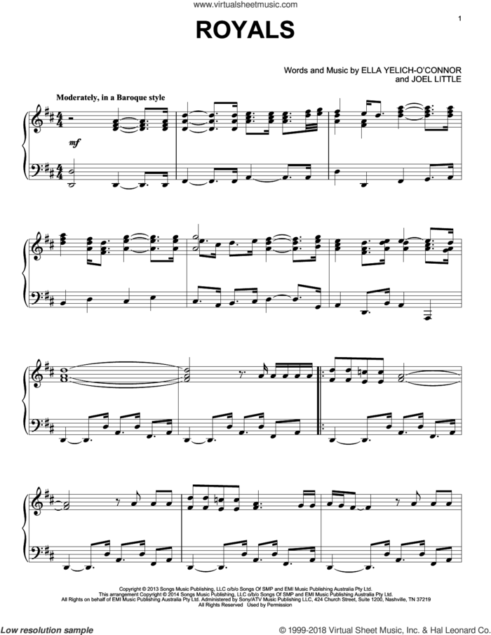 Royals, (intermediate) sheet music for piano solo by Lorde and Joel Little, intermediate skill level