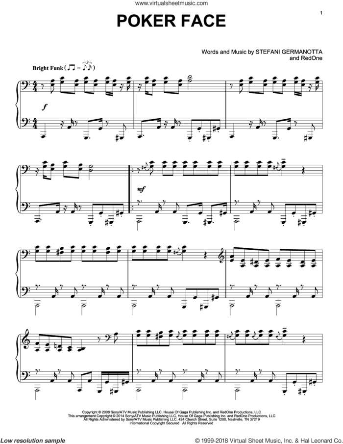 Poker Face sheet music for piano solo by Lady Gaga and RedOne, intermediate skill level