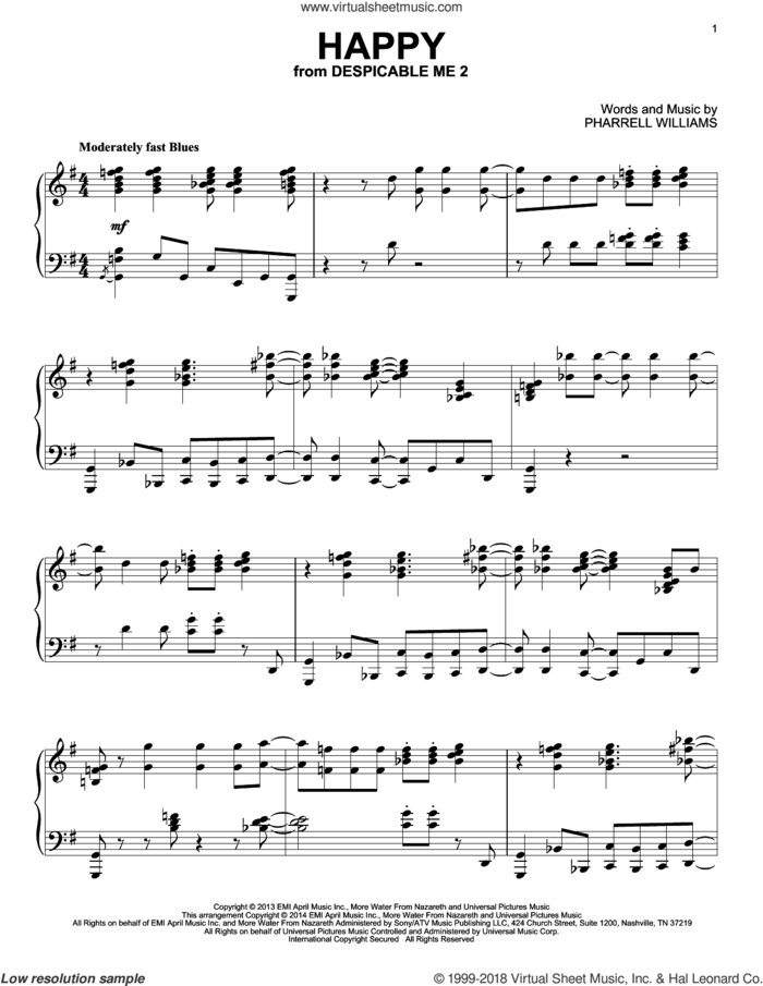 Happy sheet music for piano solo by Pharrell and Pharrell Williams, intermediate skill level