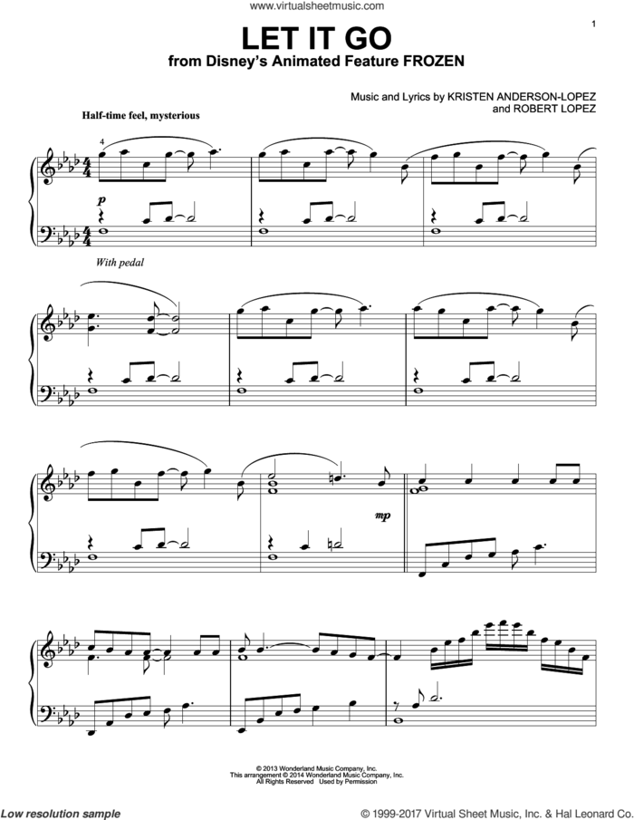 Let It Go (from Frozen) sheet music for piano solo by Idina Menzel, Kristen Anderson-Lopez and Robert Lopez, intermediate skill level