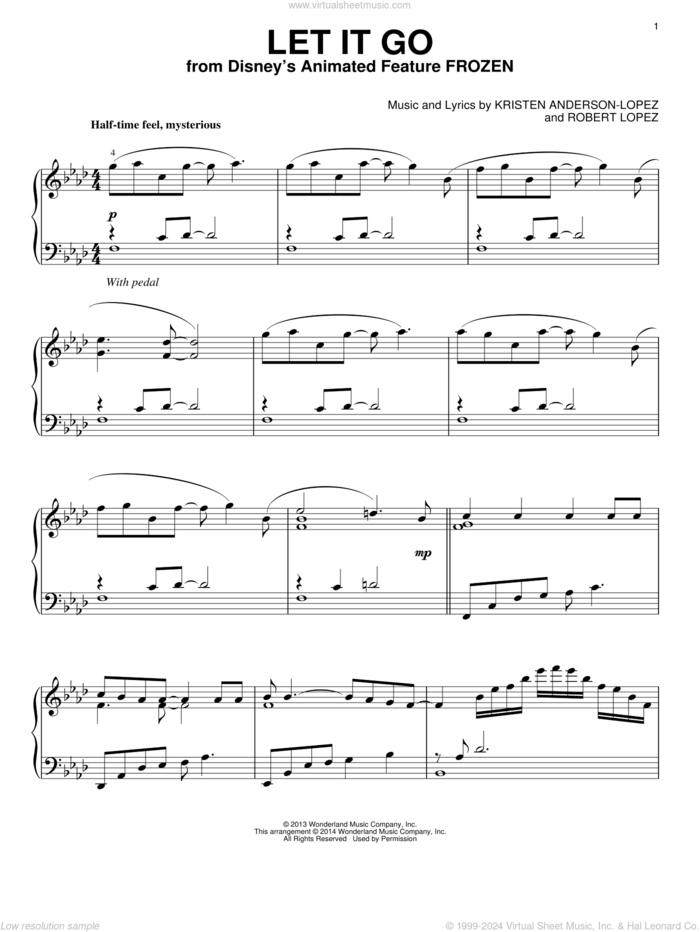 Let It Go (from Frozen) sheet music for piano solo by Idina Menzel, Kristen Anderson-Lopez and Robert Lopez, intermediate skill level