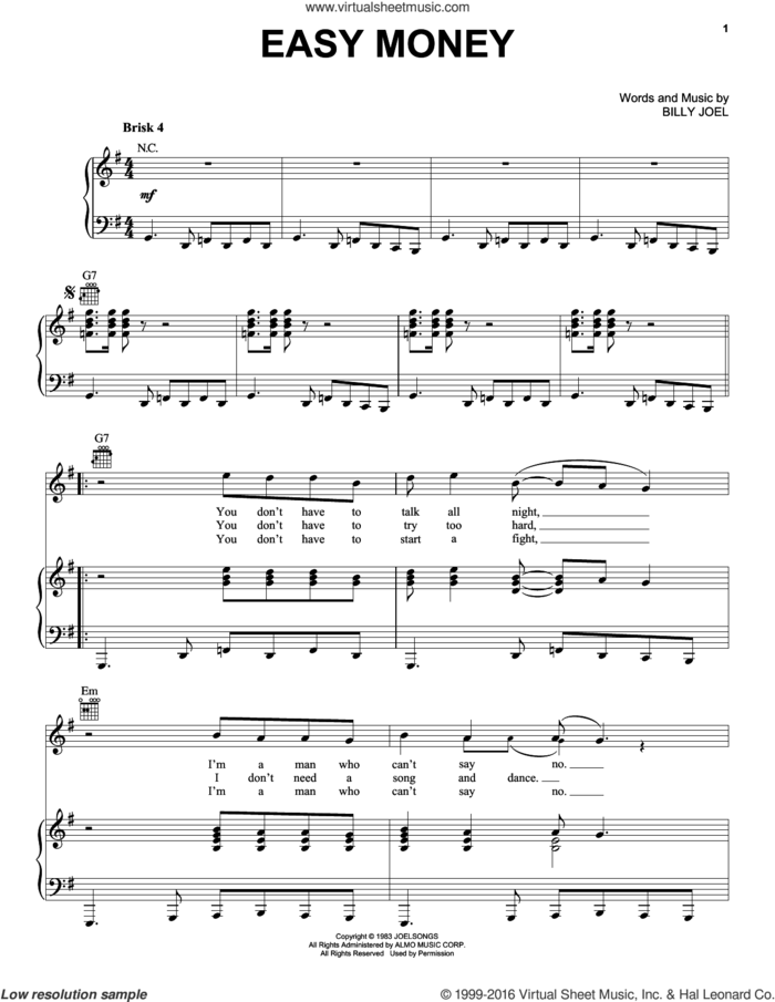 Easy Money sheet music for voice, piano or guitar by Billy Joel, intermediate skill level