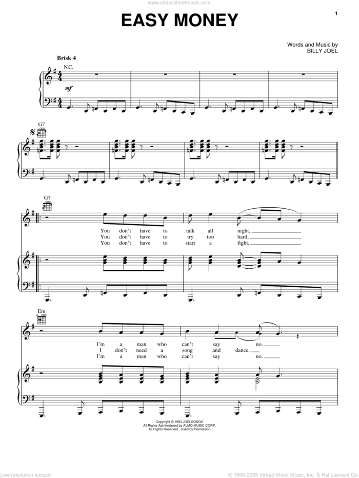 Easy Money sheet music for voice, piano or guitar by Billy Joel, intermediate skill level