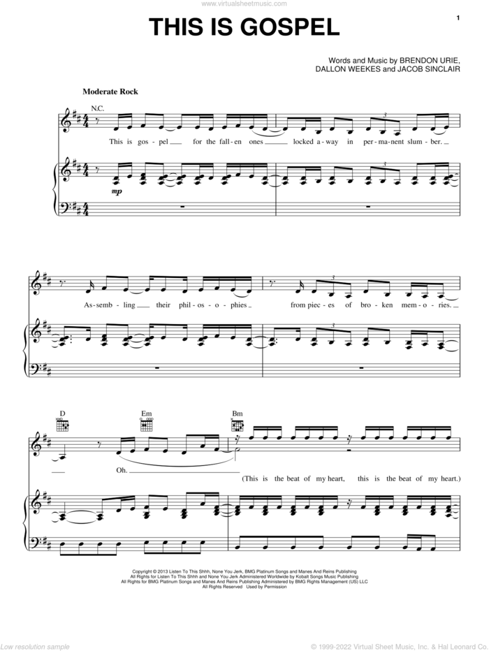 This Is Gospel sheet music for voice, piano or guitar by Panic! At The Disco, Brendon Urie, Dallon Weekes and Jacob Sinclair, intermediate skill level