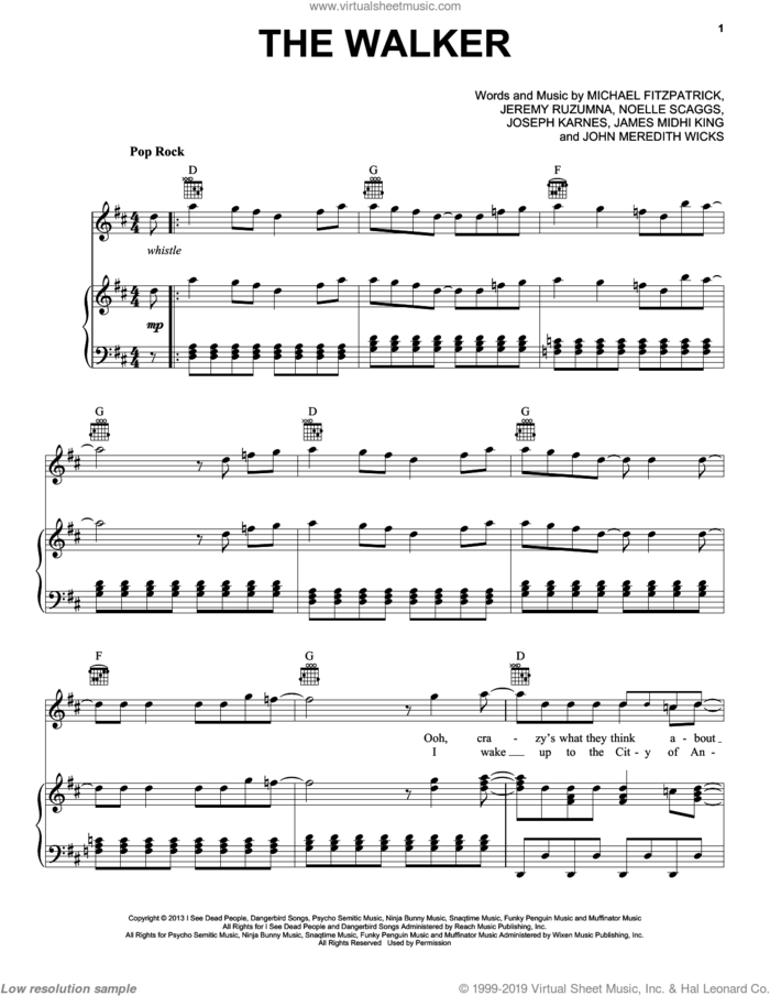 The Walker sheet music for voice, piano or guitar by Fitz And The Tantrums, James Midhi King, Jeremy Ruzumna, John Meredith Wicks, Joseph Karnes, Michael Fitzpatrick and Noelle Scaggs, intermediate skill level