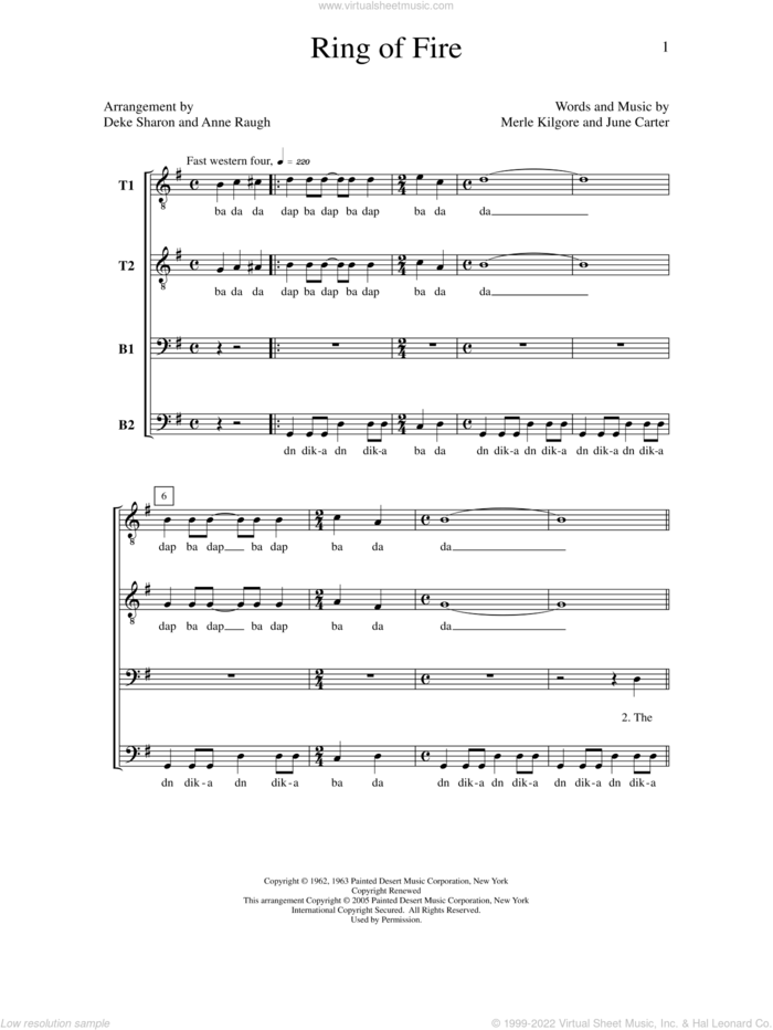 Ring of Fire (arr. Deke Sharon) sheet music for choir (TTBB: tenor, bass) by Deke Sharon, Anne Raugh, Johnny Cash, June Carter and Merle Kilgore, intermediate skill level