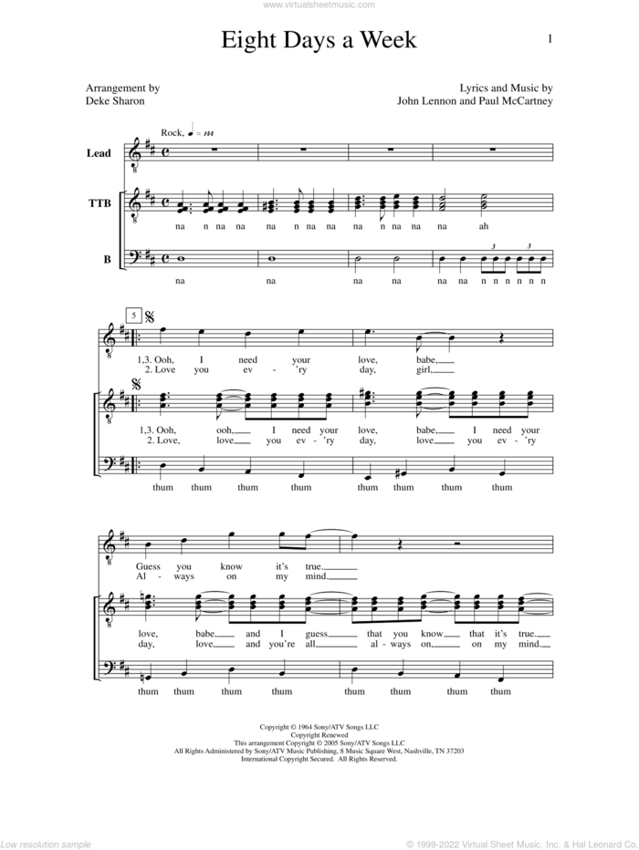 Eight Days A Week sheet music for choir (TTBB: tenor, bass) by Deke Sharon, Anne Raugh, John Lennon, Paul McCartney and The Beatles, intermediate skill level