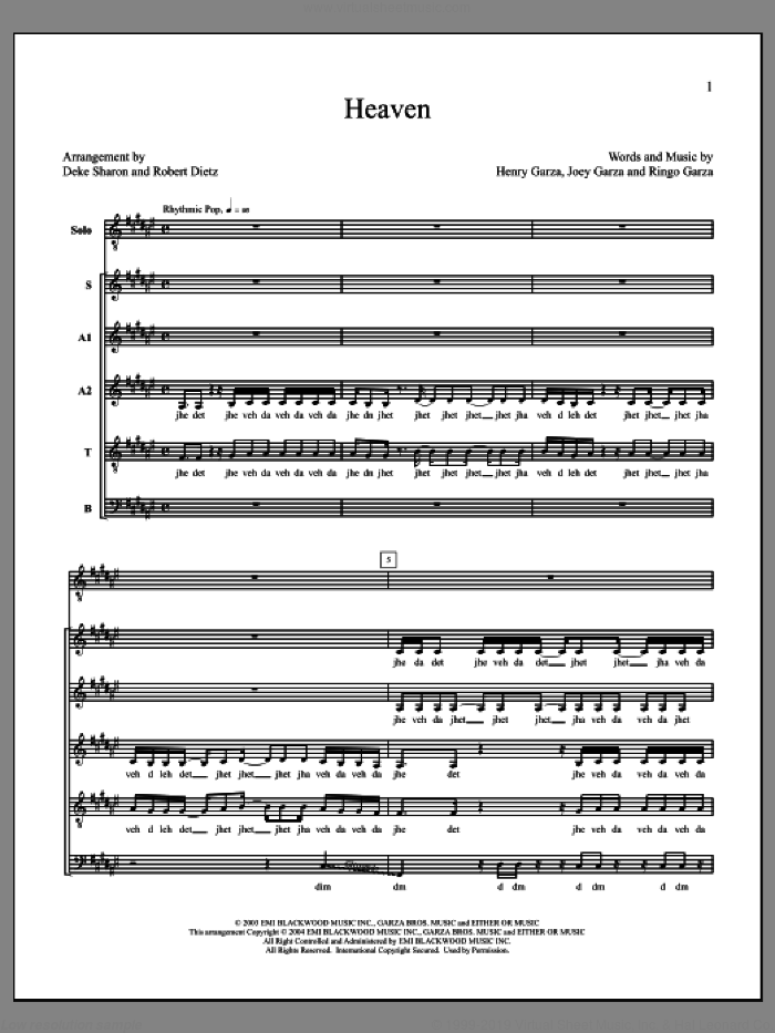 Heaven sheet music for choir (SAATB) by Deke Sharon, Anne Raugh, Henry Garza, Joey Garza, Los Lonely Boys and Ringo Garza, intermediate skill level