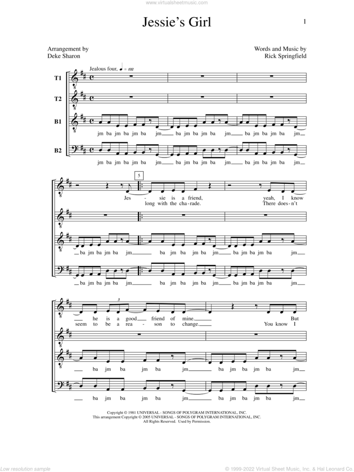 Jessie's Girl sheet music for choir (TTBB: tenor, bass) by Deke Sharon, Anne Raugh and Rick Springfield, intermediate skill level