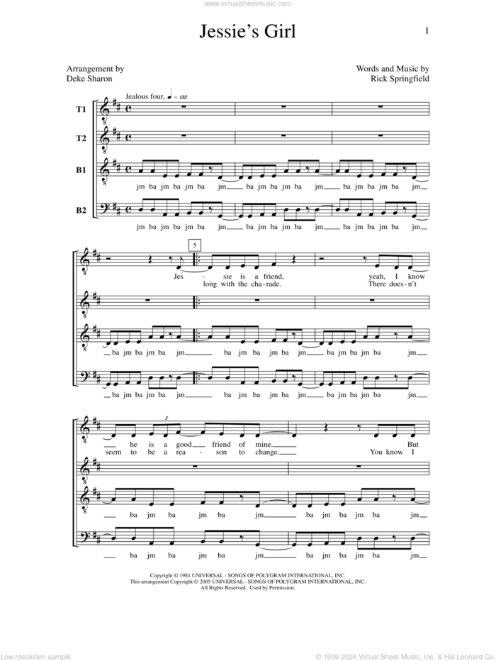 Jessie's Girl sheet music for choir (TTBB: tenor, bass) by Deke Sharon, Anne Raugh and Rick Springfield, intermediate skill level