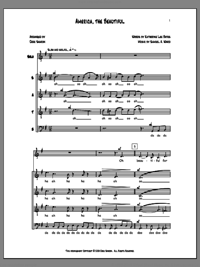 America, the Beautiful sheet music for choir (SATB: soprano, alto, tenor, bass) by Deke Sharon, Anne Raugh, Ketherine Lee Bates and Samuel Augustus Ward, intermediate skill level