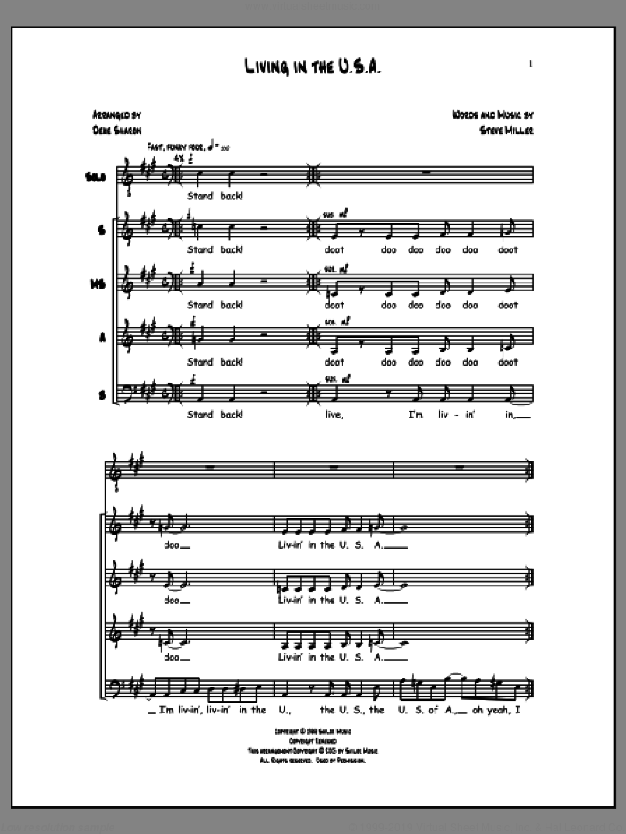 Living in the U.S.A. sheet music for choir (SSAB) by Deke Sharon, Anne Raugh and Steve Miller, intermediate skill level