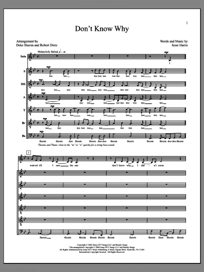 Don't Know Why sheet music for choir (SSATBB) by Deke Sharon, Anne Raugh and Jesse Harris, intermediate skill level