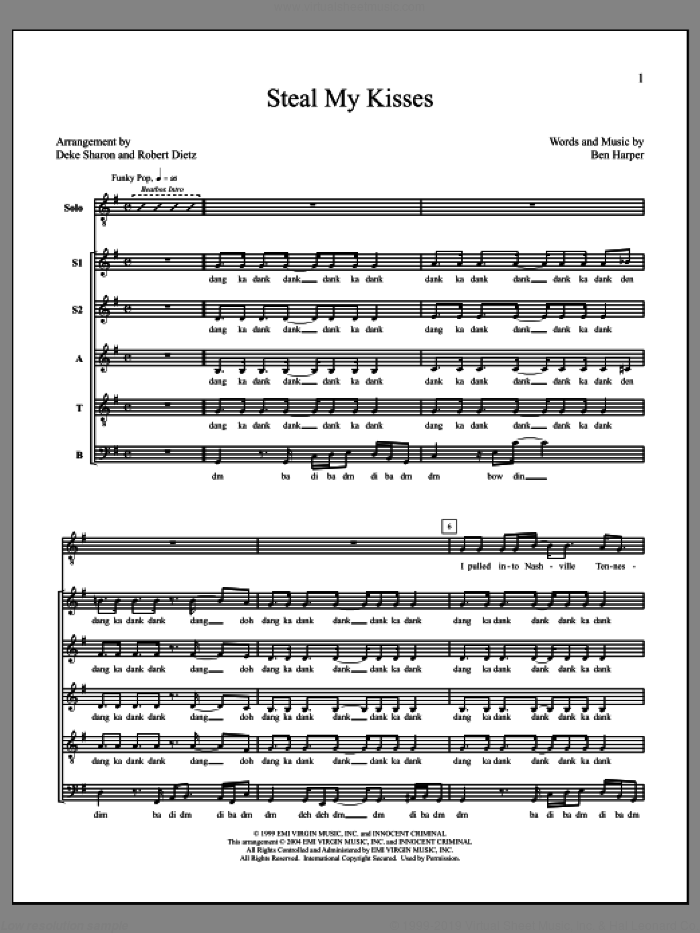 Steal My Kisses sheet music for choir (SSATB) by Deke Sharon, Anne Raugh and Ben Harper, intermediate skill level