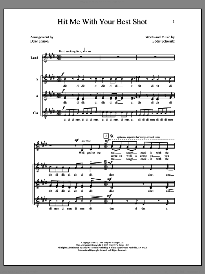 Hit Me with Your Best Shot sheet music for choir (SAT: soprano, alto, tenor) by Deke Sharon, Anne Raugh, Eddie Schwartz and Pat Benatar, intermediate skill level