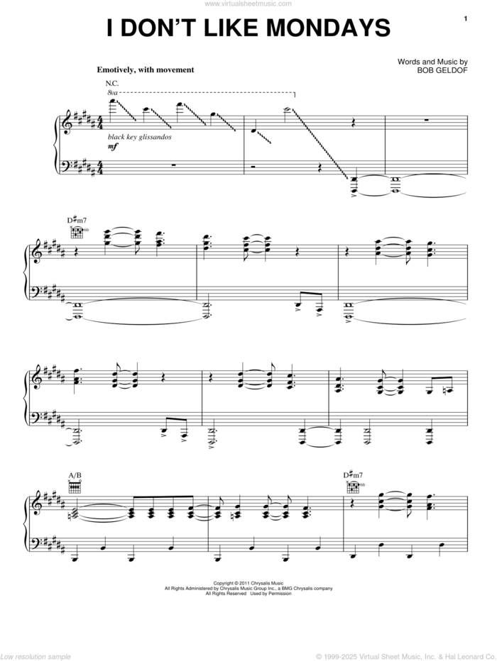 I Don't Like Mondays sheet music for voice, piano or guitar by The Boomtown Rats and Bob Geldof, intermediate skill level