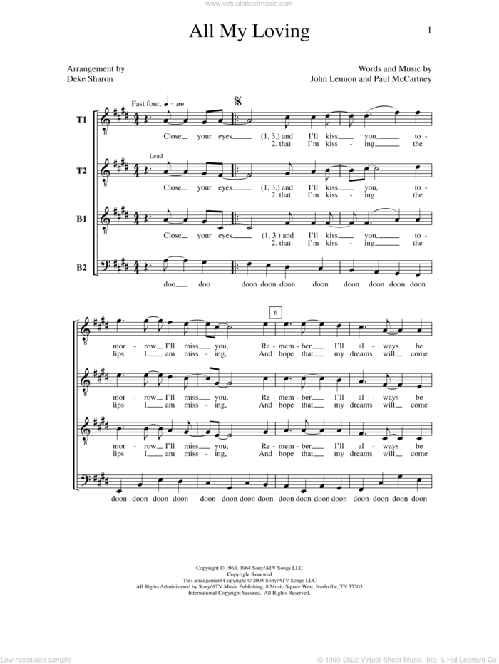 All My Loving (arr. Deke Sharon) sheet music for choir (TTBB: tenor, bass) by Paul McCartney, Deke Sharon, Anne Raugh, The Beatles and John Lennon, intermediate skill level