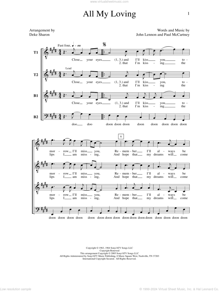 All My Loving (arr. Deke Sharon) sheet music for choir (TTBB: tenor, bass) by Paul McCartney, Deke Sharon, Anne Raugh, The Beatles and John Lennon, intermediate skill level