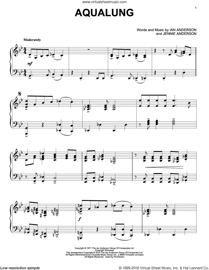 Aqualung, (intermediate) sheet music for piano solo by Jethro Tull, Ian Anderson and Jennie Anderson, intermediate skill level