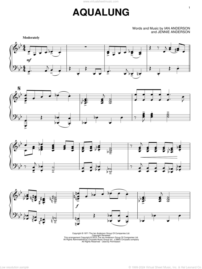 Aqualung, (intermediate) sheet music for piano solo by Jethro Tull, Ian Anderson and Jennie Anderson, intermediate skill level