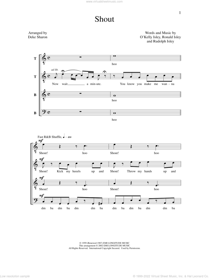 Shout sheet music for choir (TTBB: tenor, bass) by Deke Sharon, Anne Raugh, O Kelly Isley, Ronald Isley and Rudolph Isley, intermediate skill level