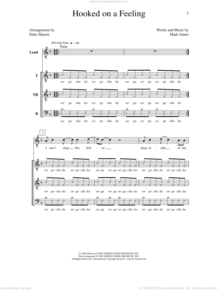 Hooked On A Feeling sheet music for choir (TTBB: tenor, bass) by Deke Sharon, Anne Raugh and Mark James, intermediate skill level