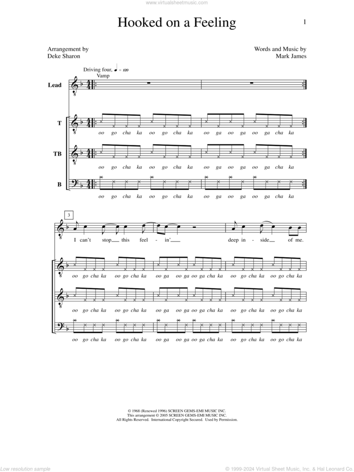 Hooked On A Feeling sheet music for choir (TTBB: tenor, bass) by Deke Sharon, Anne Raugh and Mark James, intermediate skill level