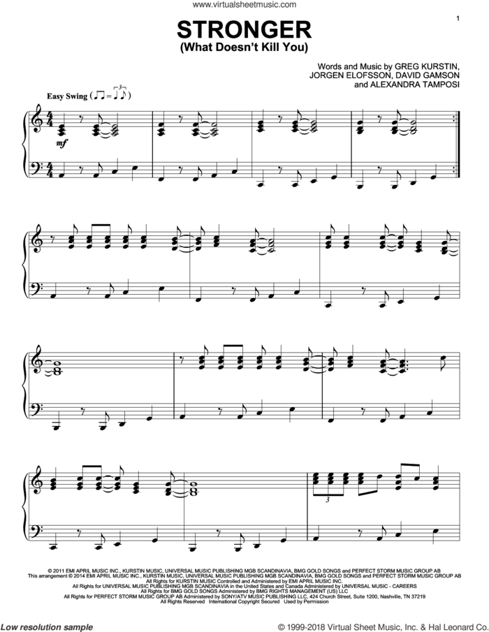 Stronger (What Doesn't Kill You) sheet music for piano solo by Kelly Clarkson, Alexandra Tamposi, David Gamson, Greg Kurstin and Jorgen Elofsson, intermediate skill level