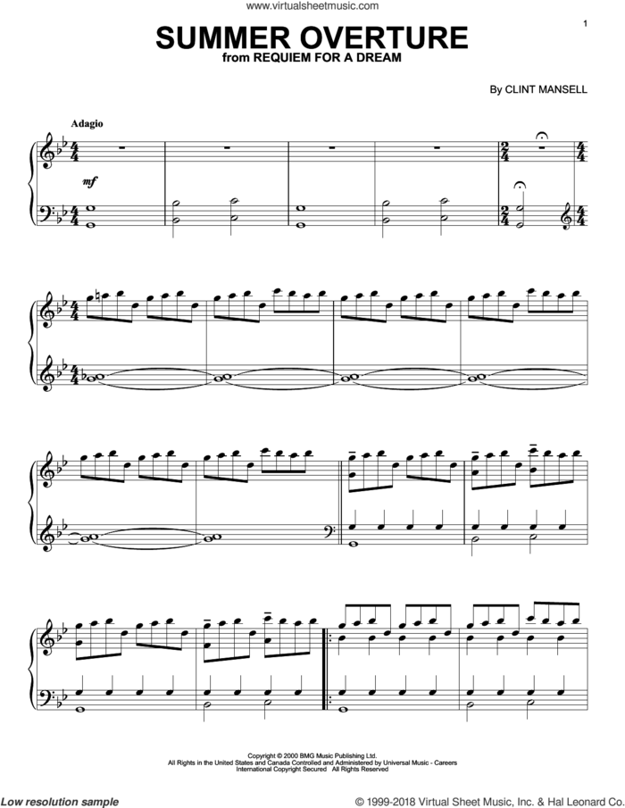 Summer Overture (from Requiem For A Dream) sheet music for voice, piano or guitar by Clint Mansell, intermediate skill level