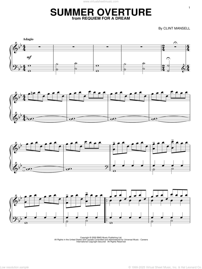 Summer Overture (from Requiem For A Dream) sheet music for voice, piano or guitar by Clint Mansell, intermediate skill level