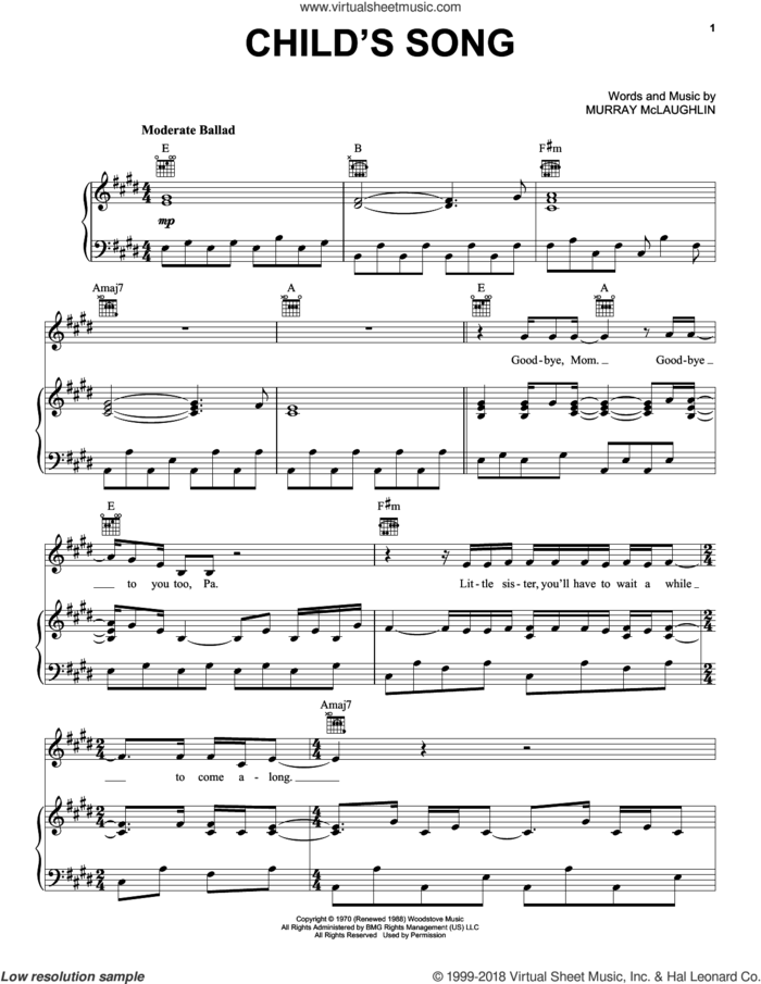 Child's Song sheet music for voice, piano or guitar by Tom Rush and Murray McLaughlin, intermediate skill level