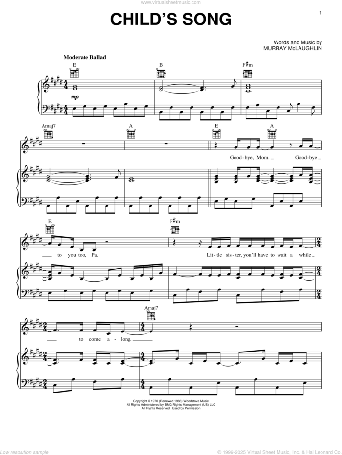 Child's Song sheet music for voice, piano or guitar by Tom Rush and Murray McLaughlin, intermediate skill level