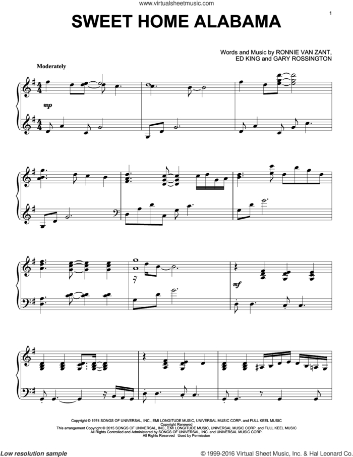 Sweet Home Alabama, (intermediate) sheet music for piano solo by Lynyrd Skynyrd, Alabama, Edward King, Gary Rossington and Ronnie Van Zant, intermediate skill level